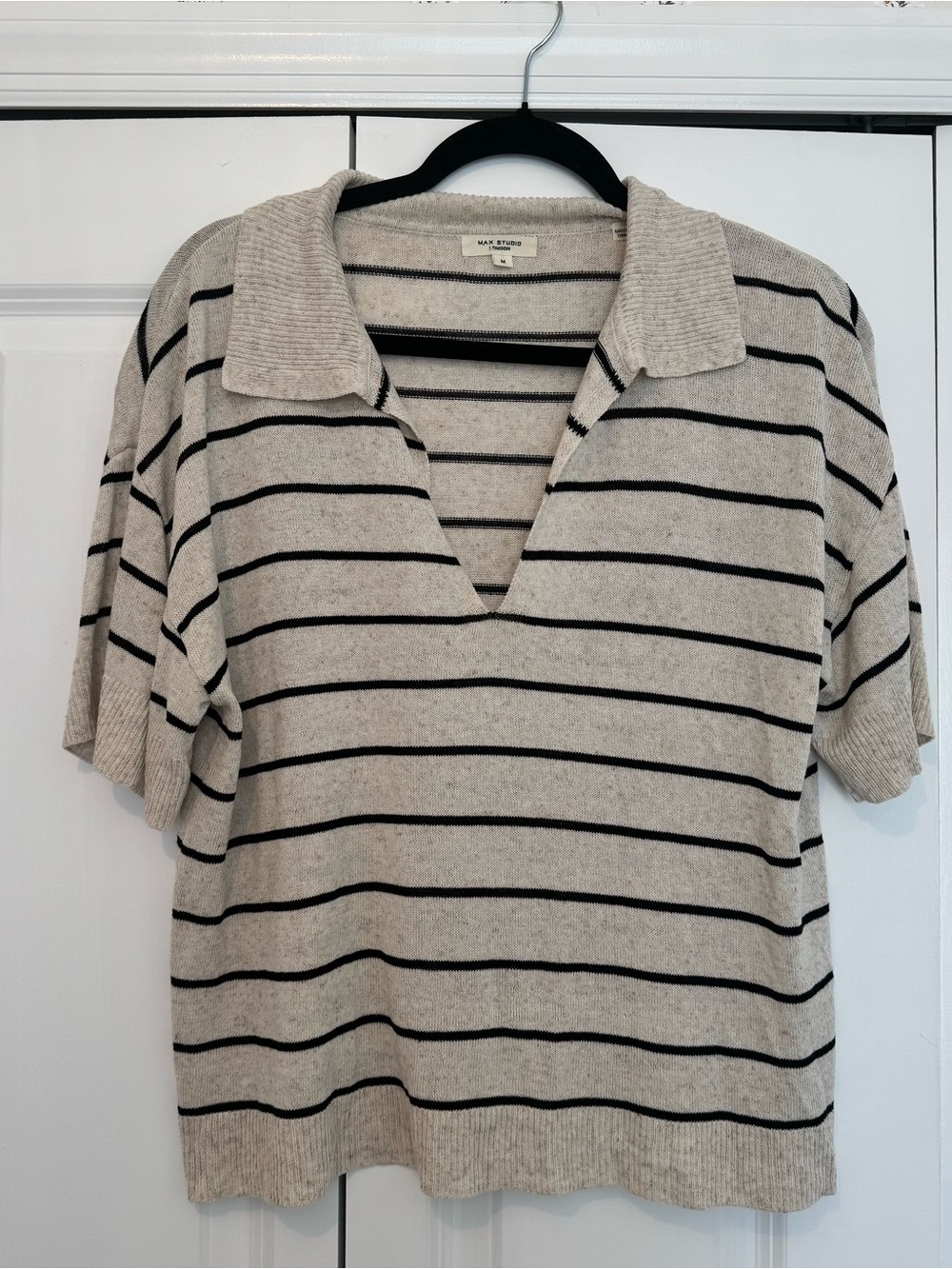 Striped Collared Knit Polo Top in Beige and Black